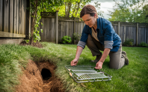 A woman working intently on a laptop outdoors, likely researching effective methods for safe and humane groundhog removal from residential properties