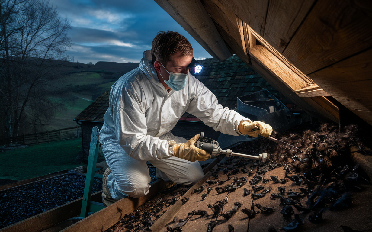 A wildlife control professional wearing protective gear and using specialized equipment to safely remove bats from an attic in a rural area of Tennessee.