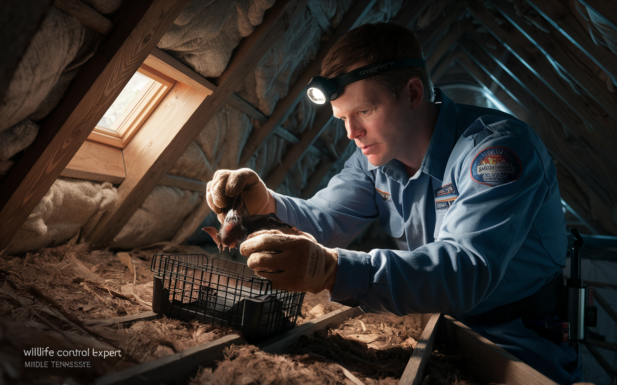 A wildlife control specialist wearing protective gear inspects an attic space for bat infestation, using tools and equipment to safely remove and relocate the bats.