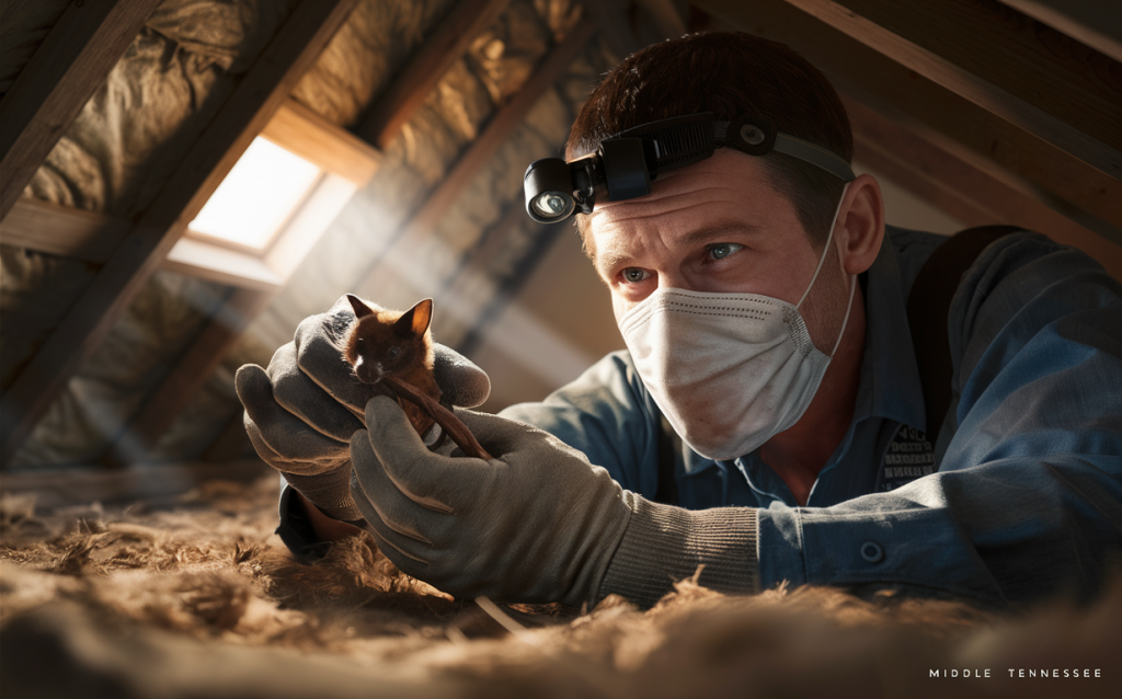 A wildlife control expert wearing protective gear and a headlamp carefully handles a bat found in an attic during a bat removal service in Middle Tennessee.