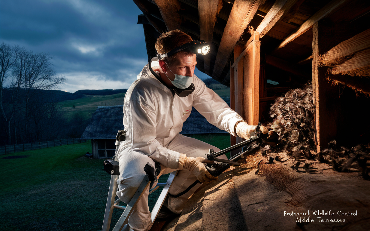 A wildlife control professional wearing protective gear removes bats from an attic while ensuring proper safety measures