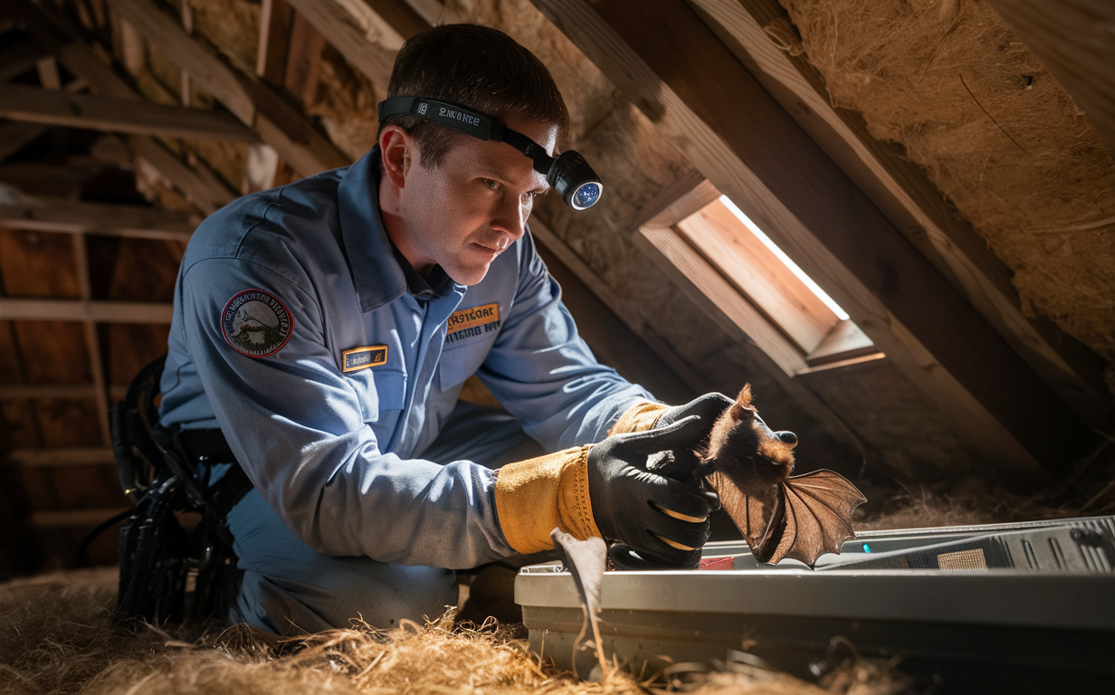 A wildlife control professional wearing protective gear carefully handles a bat found in an attic during a removal service in Middle Tennessee.