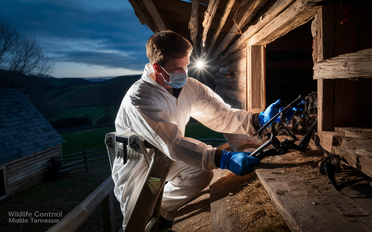 A wildlife control professional wearing protective gear and a mask is using a tool to remove bats from an old wooden barn set against a dramatic cloudy evening sky in the countryside of Middle Tennessee.