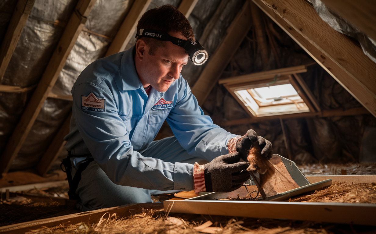 A professional wildlife control technician carefully examining an attic space for signs of bat roosting and nesting while wearing protective gear and using specialized equipment.