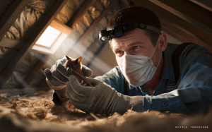 A wildlife control expert wearing protective gear and a headlamp carefully handles a bat found in an attic during a bat removal service in Middle Tennessee.