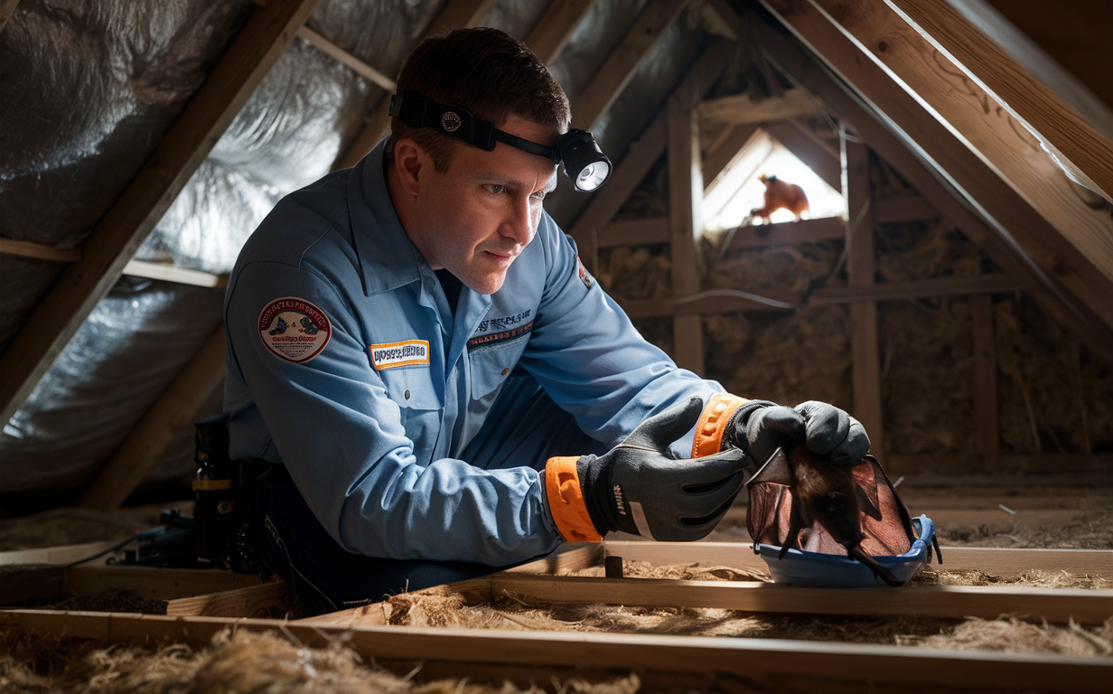 A wildlife control expert wearing a uniform and headlamp inspects a captured bat in an attic space with insulation and wooden beams.